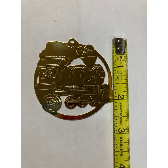 Brass 2.5" Ornament Gold Metal Etched Train Engine Teddy Bear Gloria Duchin - Picture 5 of 6